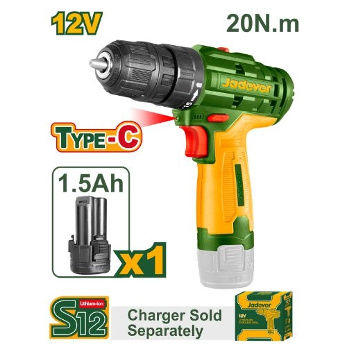 JADEVER 12V 1 Battery Cordless Drill with 2 Speeds Charger JDCDS520 